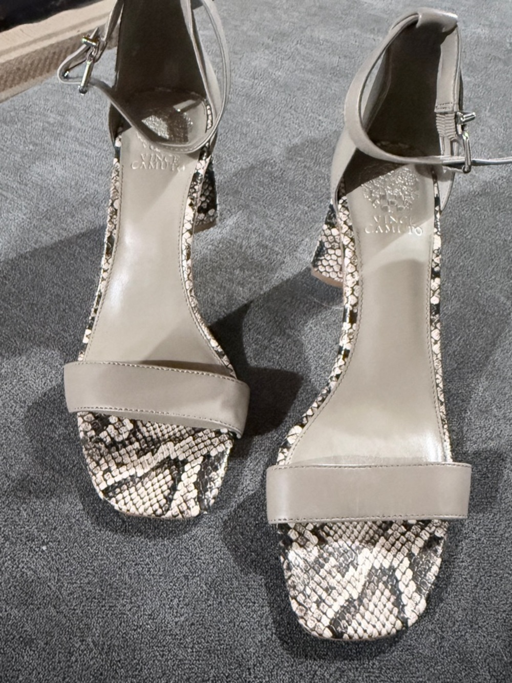 Vince Camuto Taupe Ankle-Strap Sandals with Snake-Print